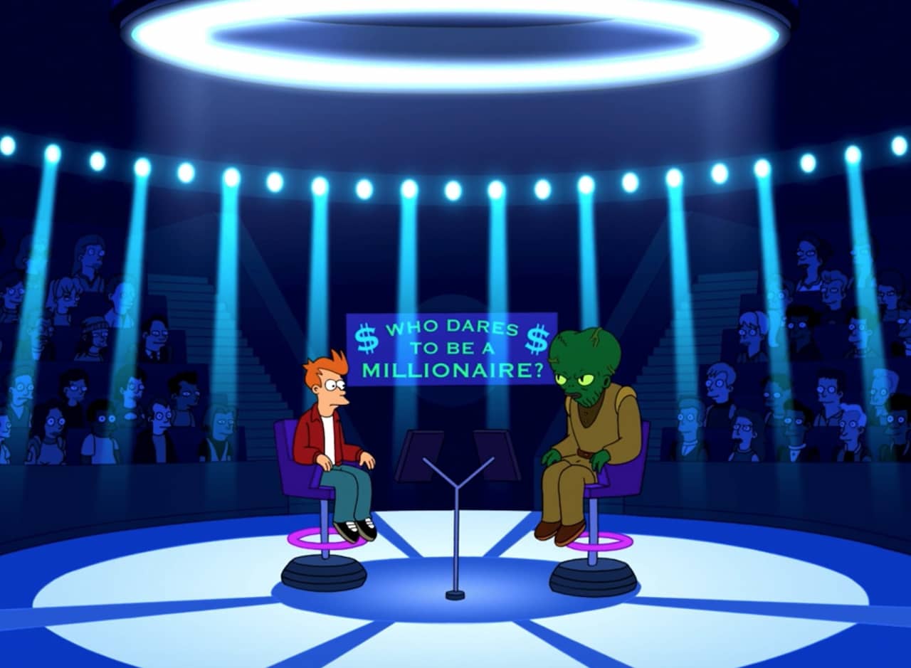 Philip J. Fry and Morbo sit on a game show stage