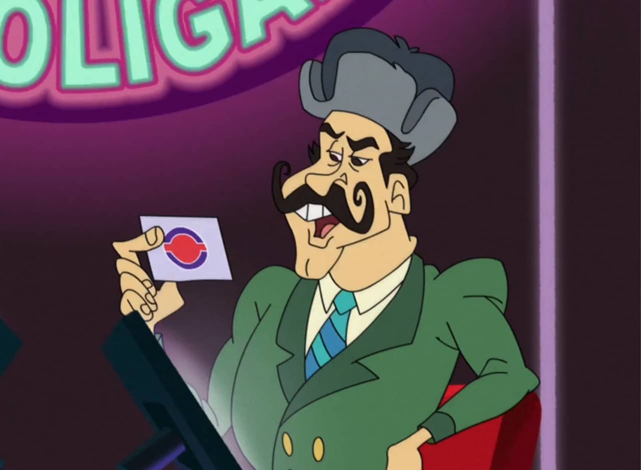 Russian host with a curly mustache and wearing an ushanka hat