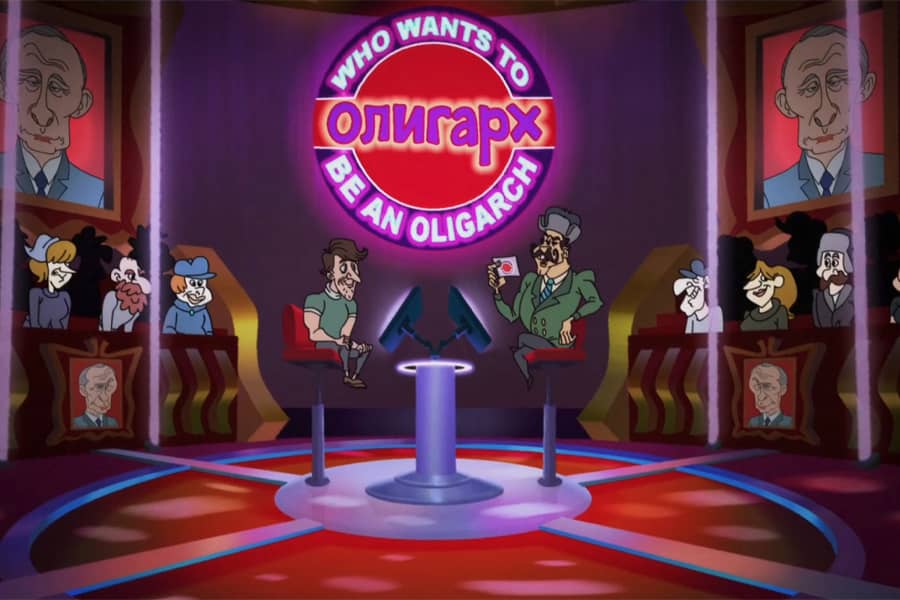 the set of the show, with the host in the center with a contestant