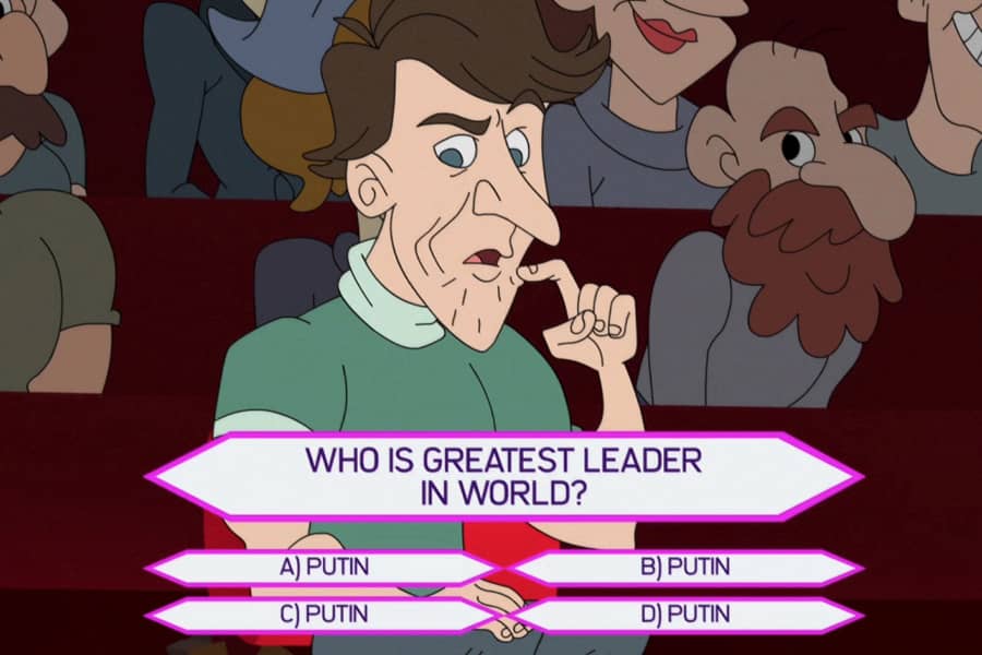 contestant with question on screen where the possible answers to the question “Who is greatest leader in world?” is four instances of “Putin”