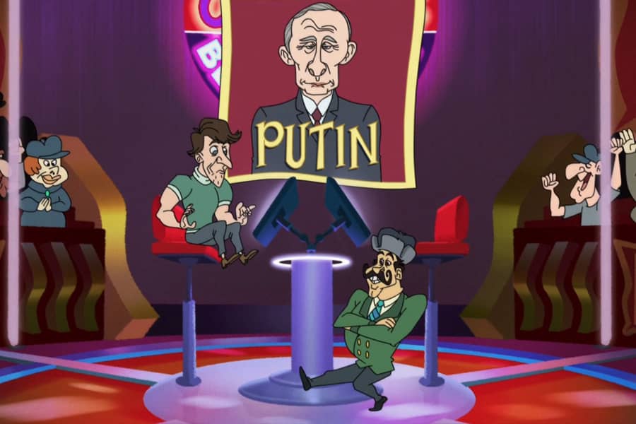 a Putin banner is on set now and the host is doing a Russian squat dance