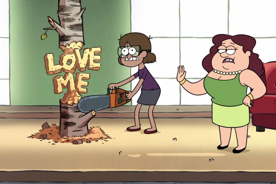 Sassica being sassy with a woman carving “Love me” into a tree trunk with a chainsaw