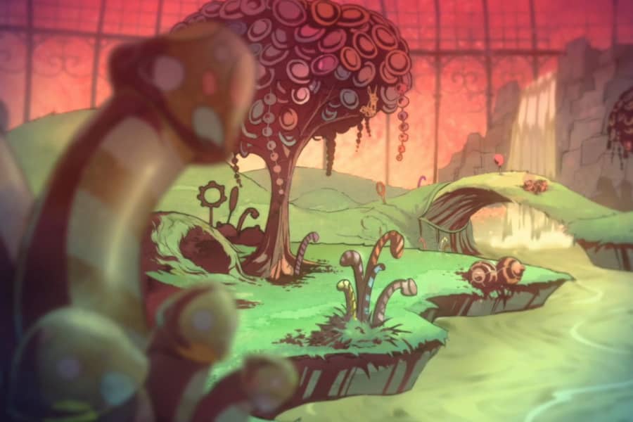 Willy Wonka-esque candy land with penis shaped plants