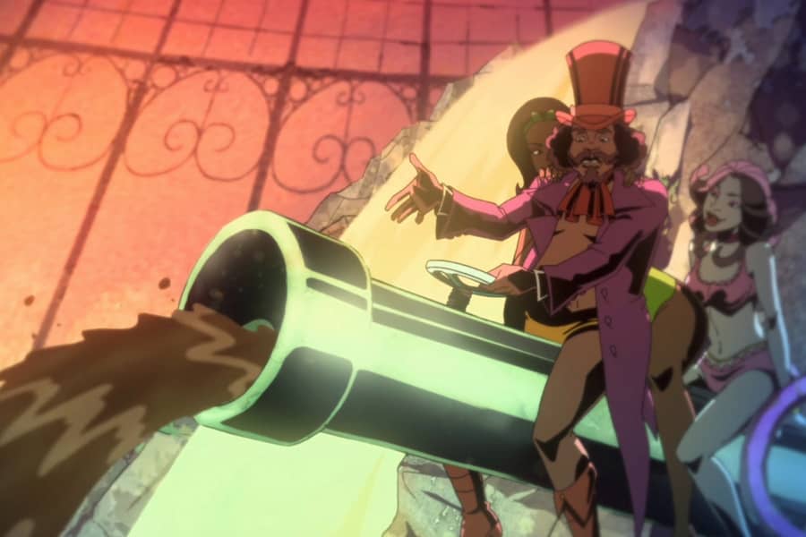 Willy Wanker straddling a giant tube that is spewing chocolate