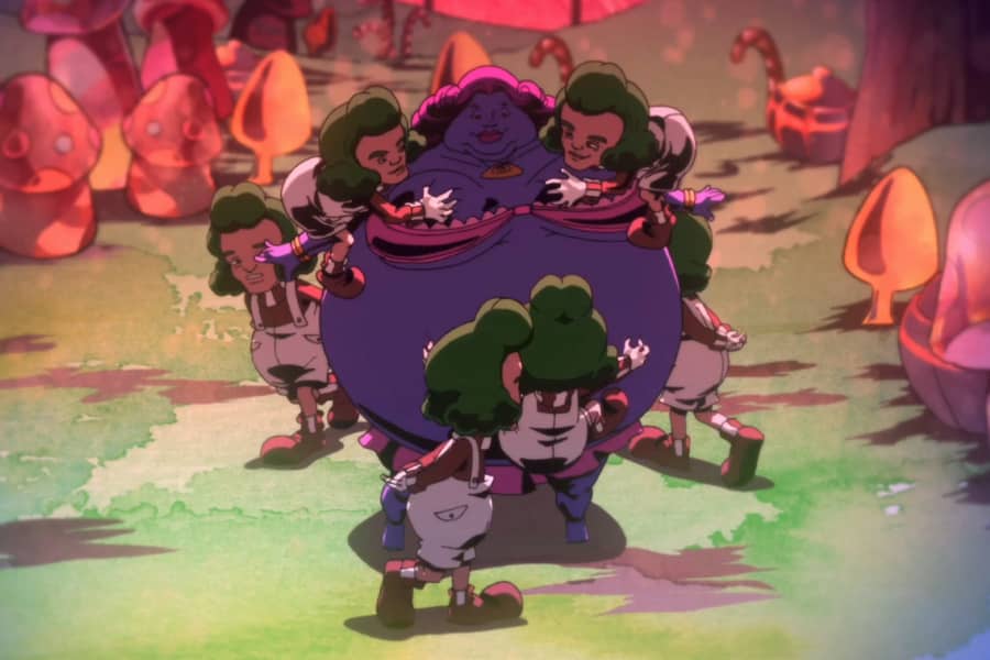 Oompa Loompas climbing all over a blueberry woman in lingerie