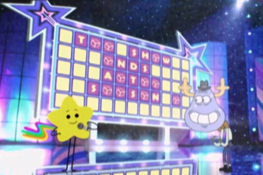rainbow shooting star with contestant Gary and a word puzzle on the board