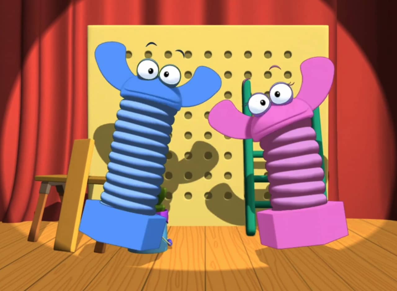 two screws with eyes, one blue and one pink