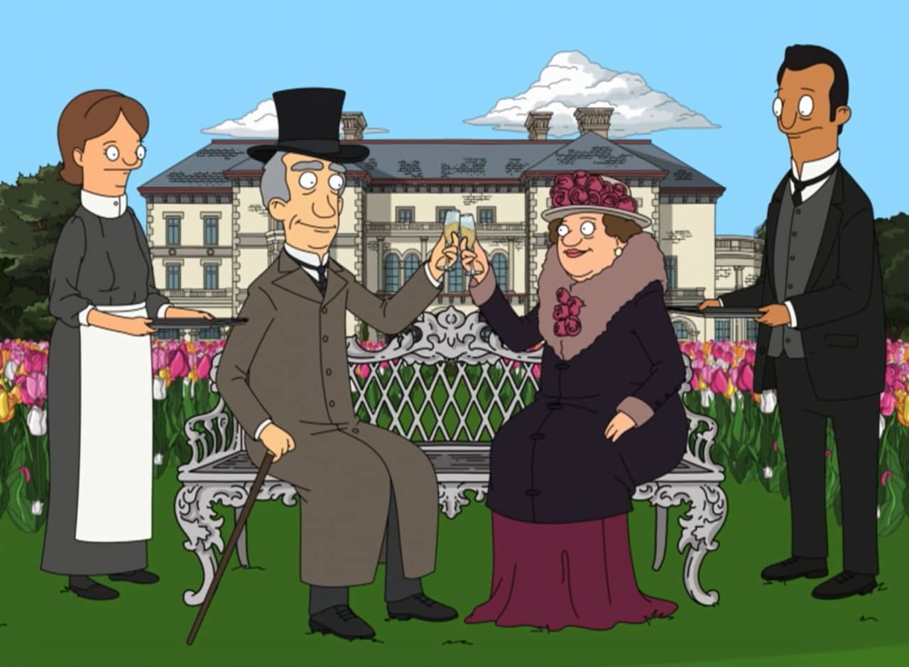fancy aristocrats toast glasses outside a manor while two servants stand nearby