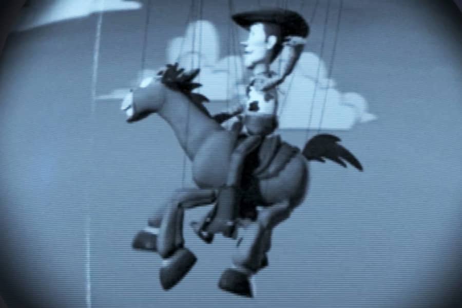 Woody and Bullseye leaping across a cloudy sky