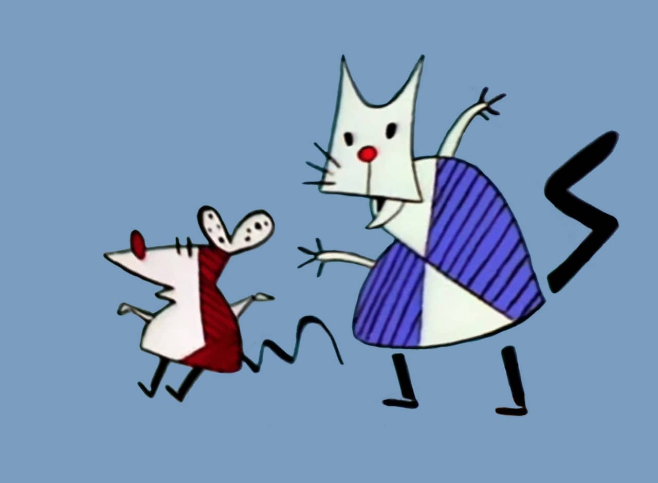 Worker and Parasite, a crudely drawn duo of cat and mouse