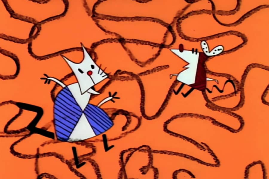 Worker and Parasite against orange squiggly background