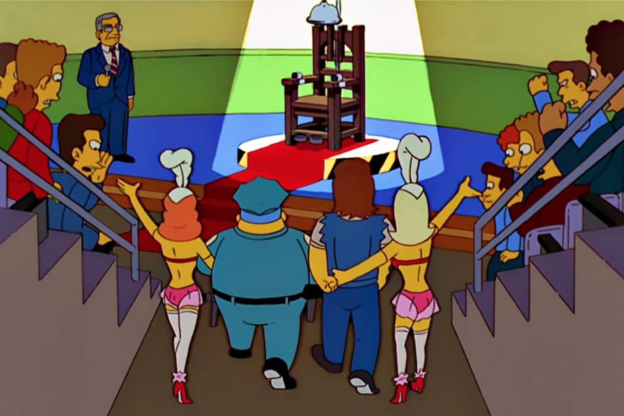 cop and showgirls walking a prisoner through two bleachers of audience toward the electric chair