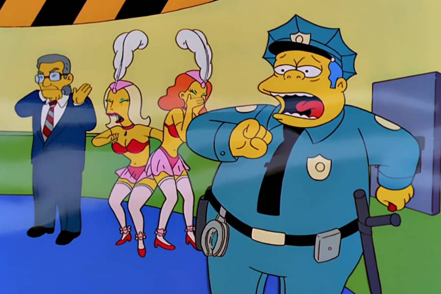 Chief Wiggum, Ed McMahon, and the showgirls coughing at the smoke