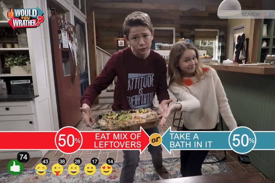 Cooper and Cami with a question on screen: “Would you rather eat mix of leftovers or take a bath in it?”