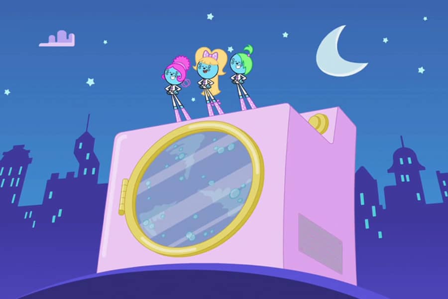 Wubb Girlz standing on a giant washing machine