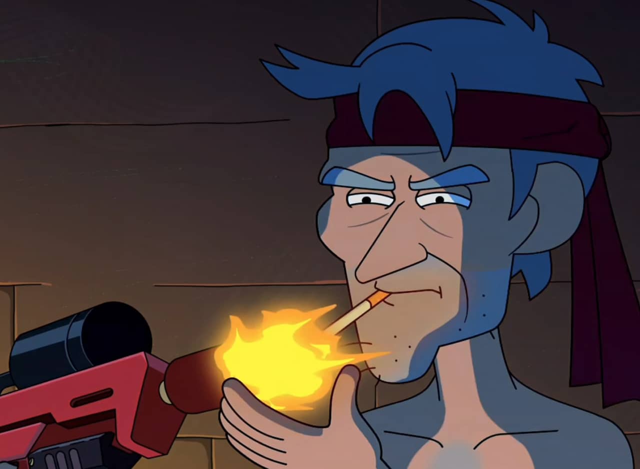Rad Ridley lighting a cigarette with a flame thrower