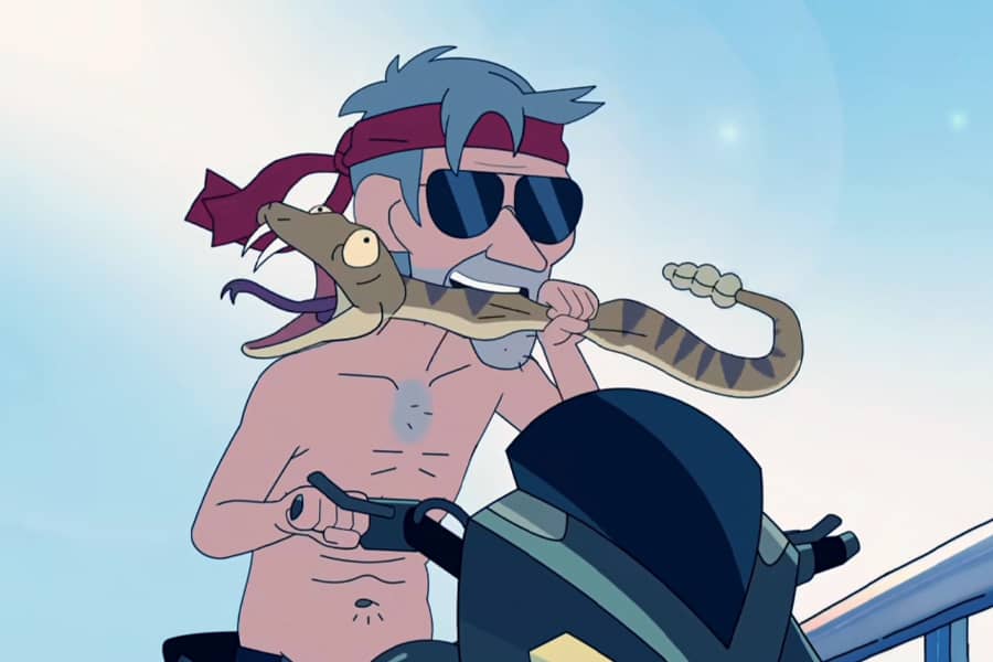 Rad Ridley biting a snake while riding a motorcycle