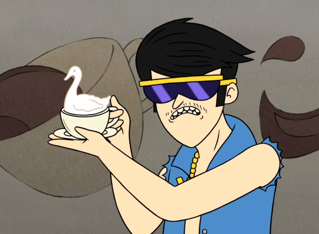 Yuji, a barista wearing big wraparound sunglasses, holds up a coffee cup with a froth swan