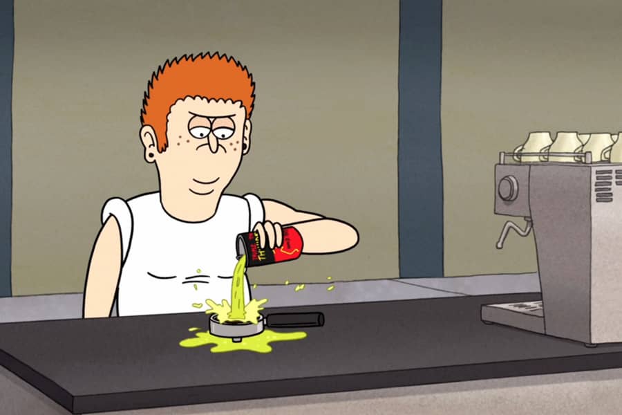Kid Crunchy Z pours a green energy drink into the espresso thing