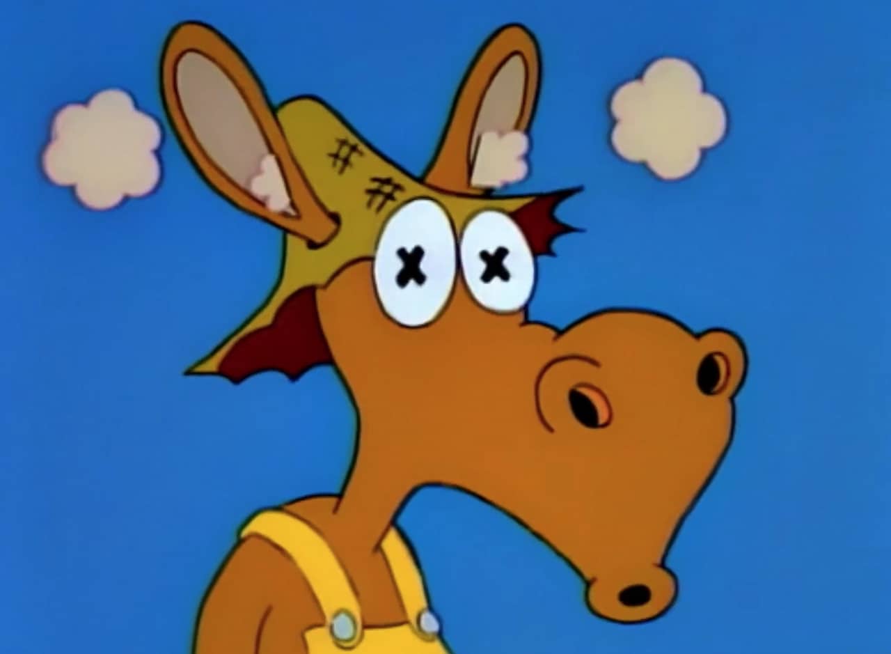 a donkey in overalls and a straw hat has crossed out eyes and smoke escapes from his ears