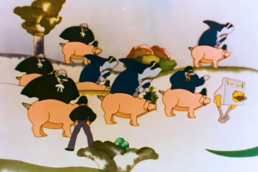 a surreal landscape with pigs, sharks, and other creatures