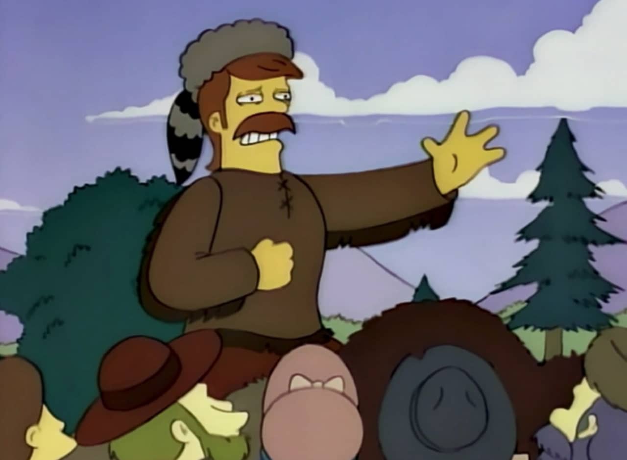 Jebediah Springfield, mustached man wearing a racoon cap