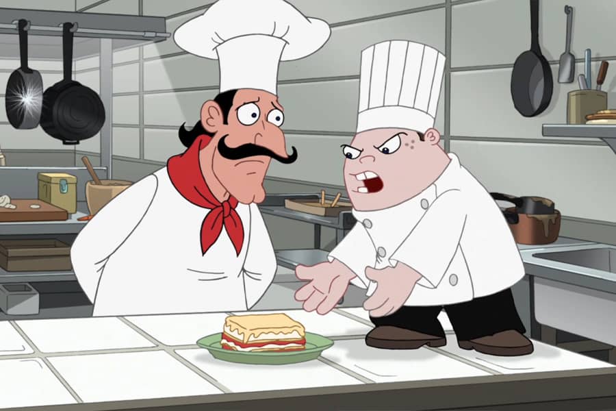 Van Stomm yelling about a sandwich in the kitchen with chef André Guilbaud
