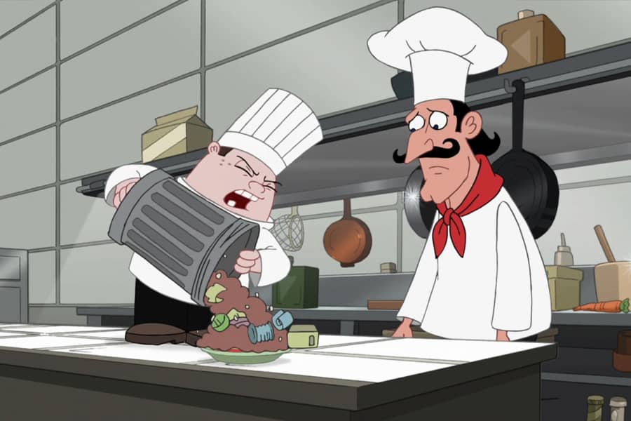 Van Stomm pouring trash onto Guilbaud’s dish