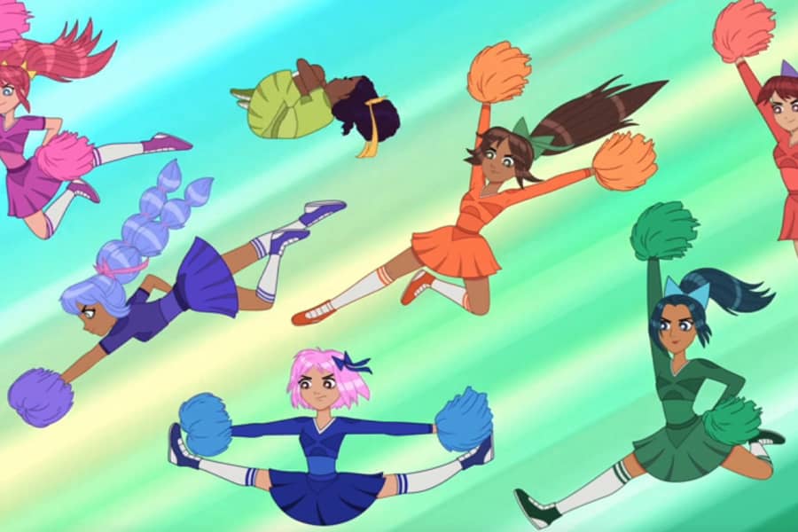 The cheerleaders flying through the air