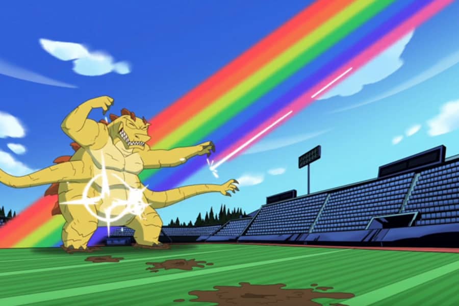 a huge lizard monster getting hit by a big rainbow