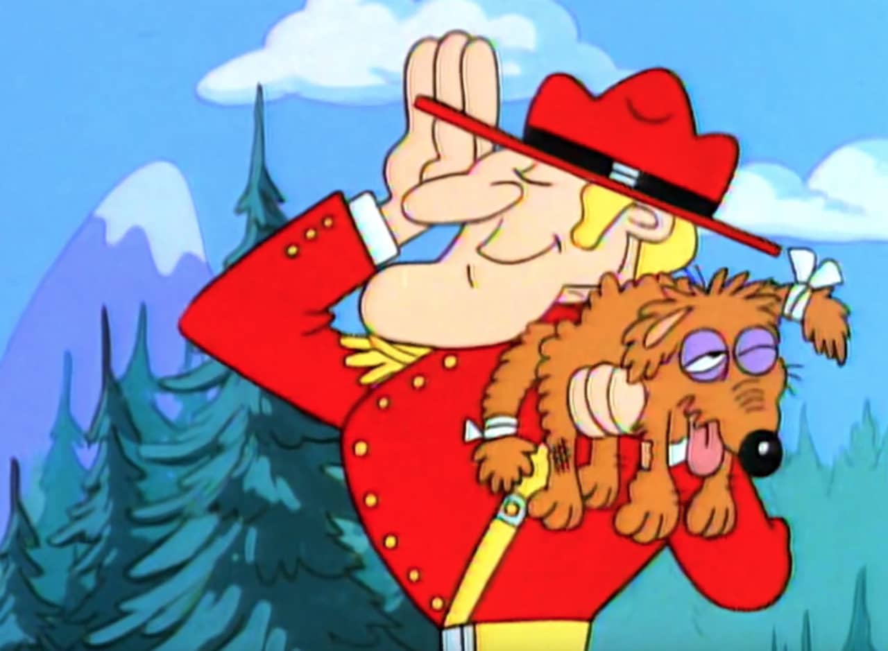 a Mountie saluting and holding an old, sickly dog