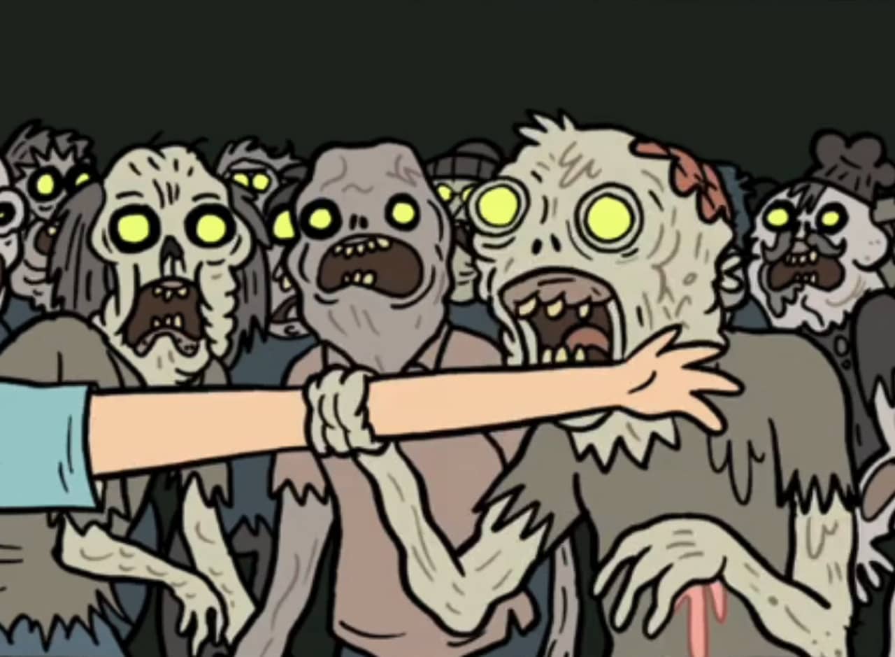 group of zombies, one has a grip on a guy’s arm