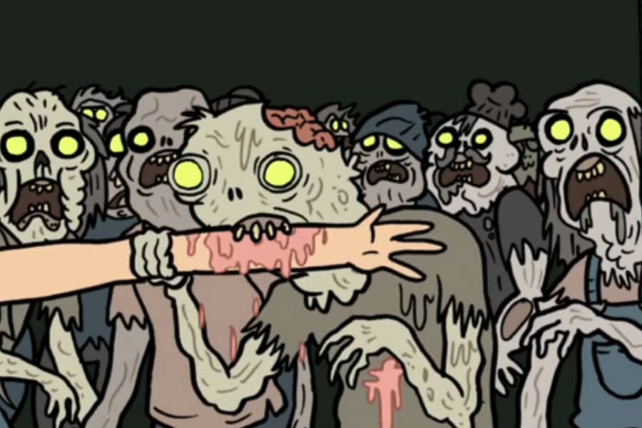 zombie is biting the guy’s arm, blood dripping