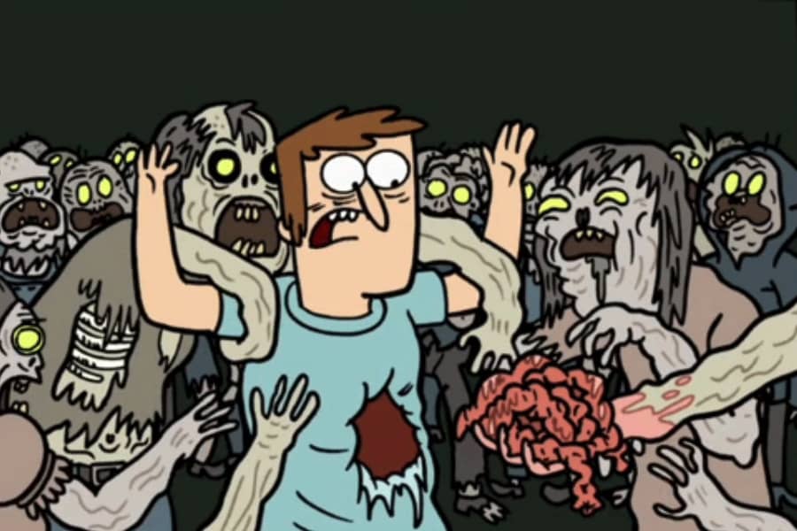 a zombie has pulled his intestines out of his gut