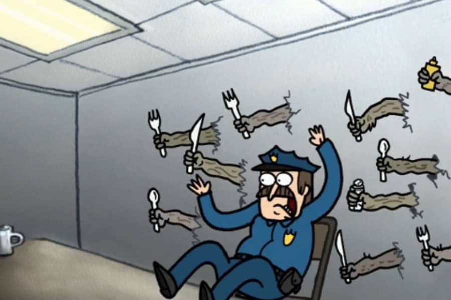 a cop in a breakroom, zombie arms bursting through the wall holding eating utensils