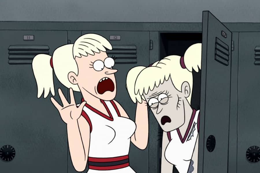 cheerleader screaming as a corpse cheerleader falls out of her locker