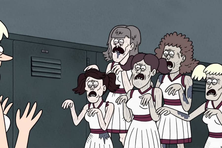 group of zombie cheerleaders walking down the hallway