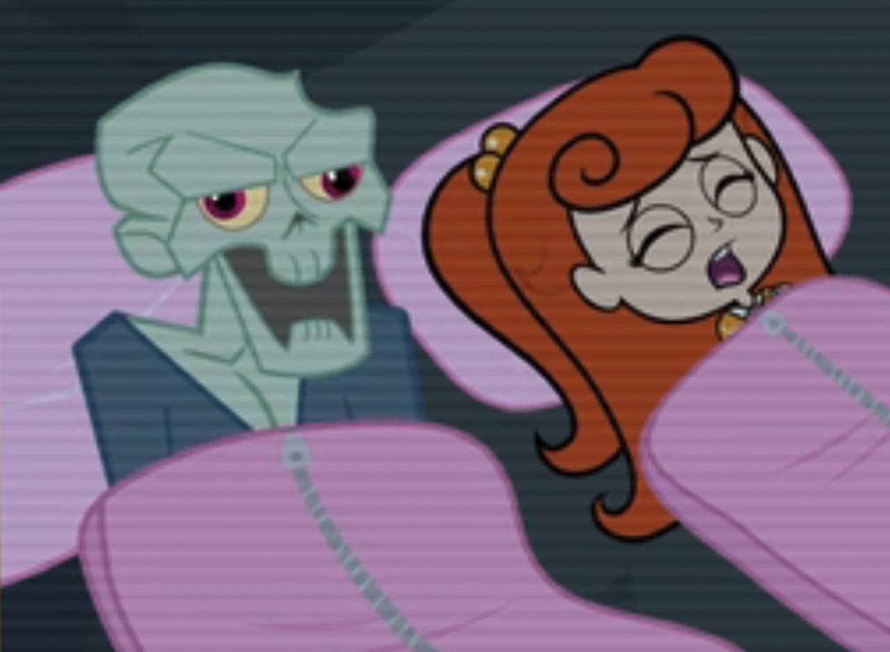 screaming girl and zombie zipped up into pink sleeping bags