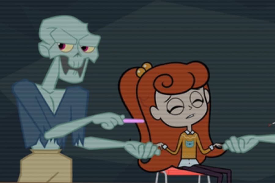 girl getting manicure from two zombies